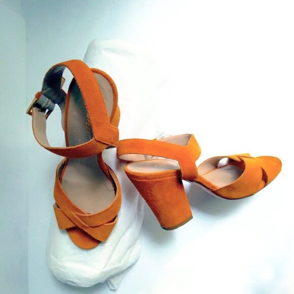 Tapeet Vicinni Orange Suede Ankle Strap Peep Toe Block Heel  Sandals Sz 7 - Picture 10 of 10